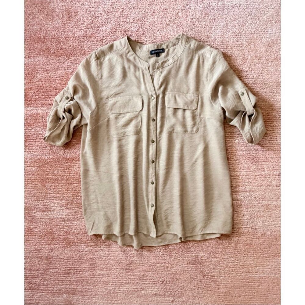 Notations Beige Button Front Utility Blouse XL Roll Tab Sleeves